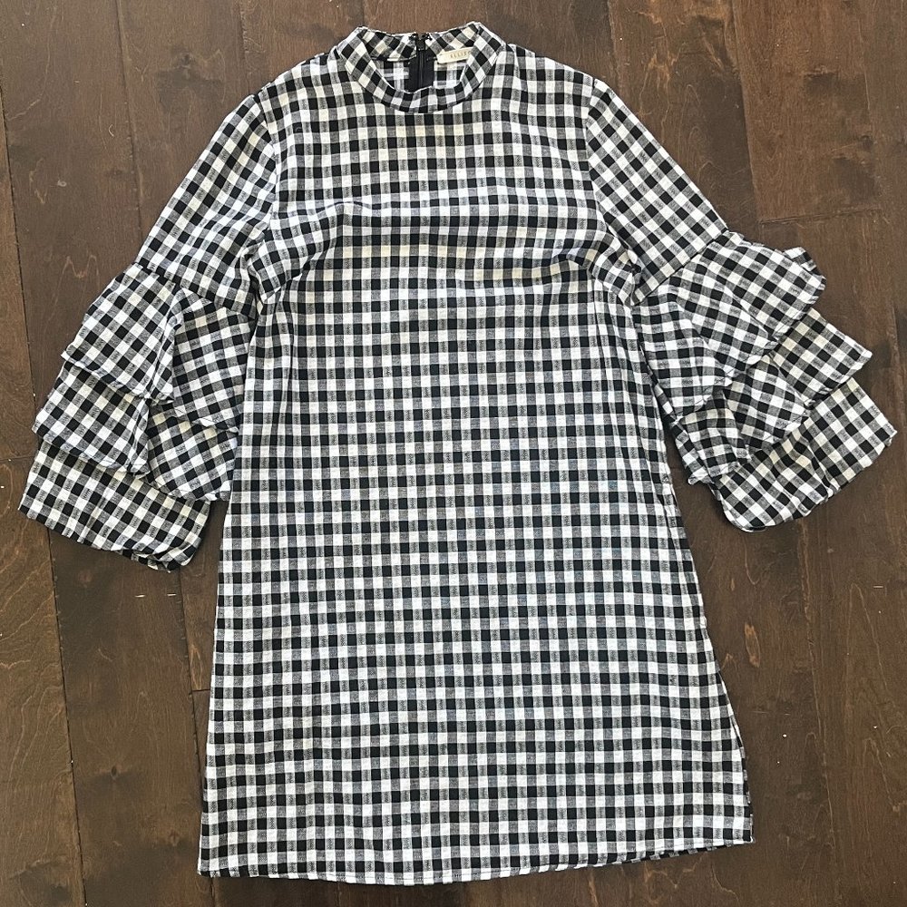 Black White Plaid Gingham Puff Sleeve Dress